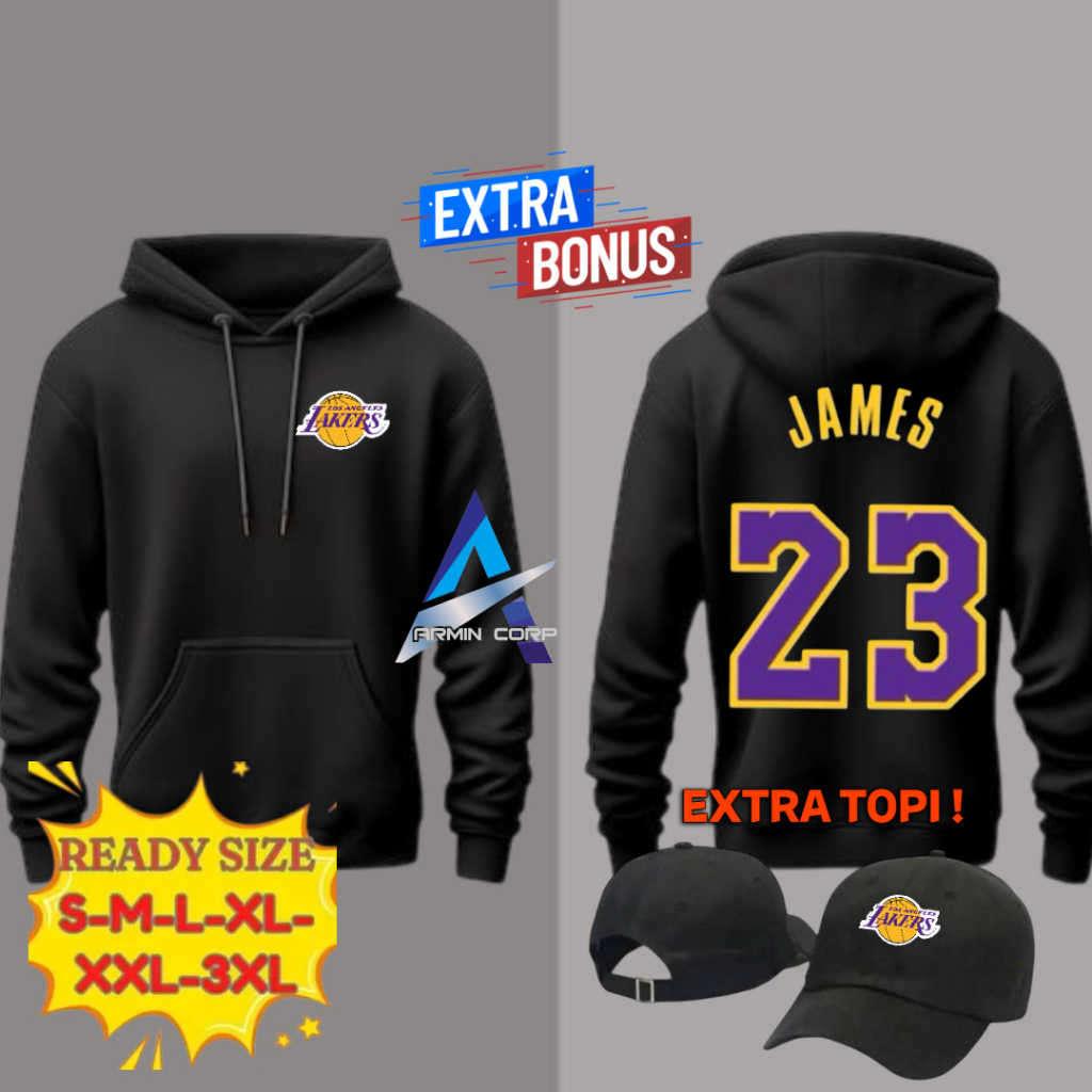 HOODIE JUMP UINISEX PREMIUM JAMES 23 LAKERS BAHAN KATUN FLEECE BONUS TOPI TRUCKER HITAM