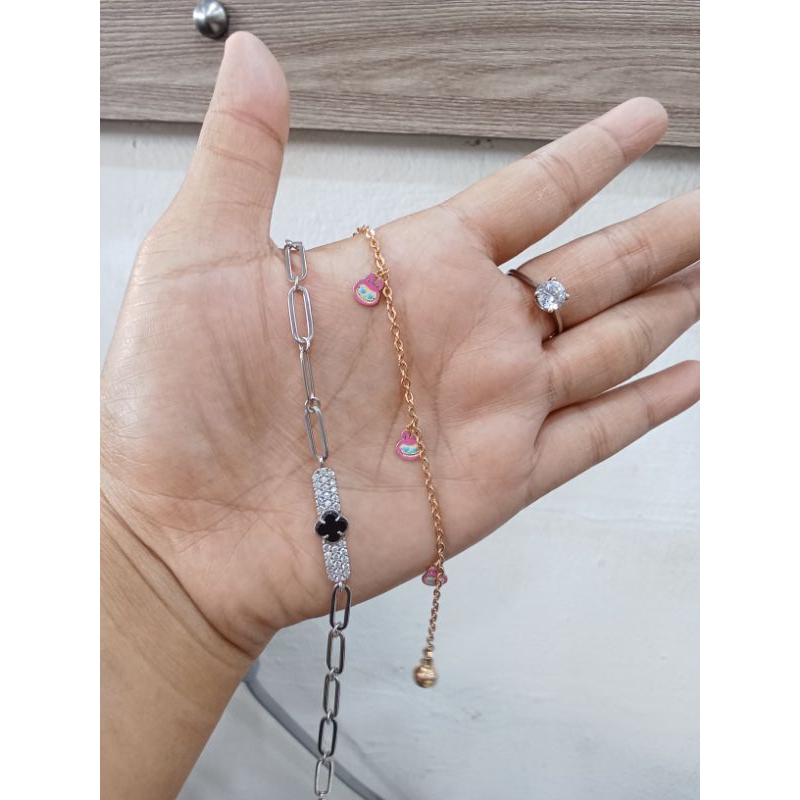 Gelang Paperclip Clover,Gelang Anak Labubu & Cincin Mata Satu Perak 925 Asli Gold