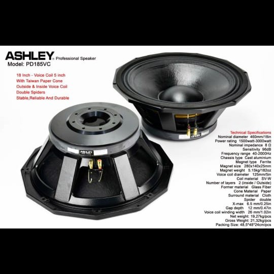KOMPONEN SPEAKER ASHLEY PD185VC/PD 185VC 18 INCI COIL 5IN 3000 WATT