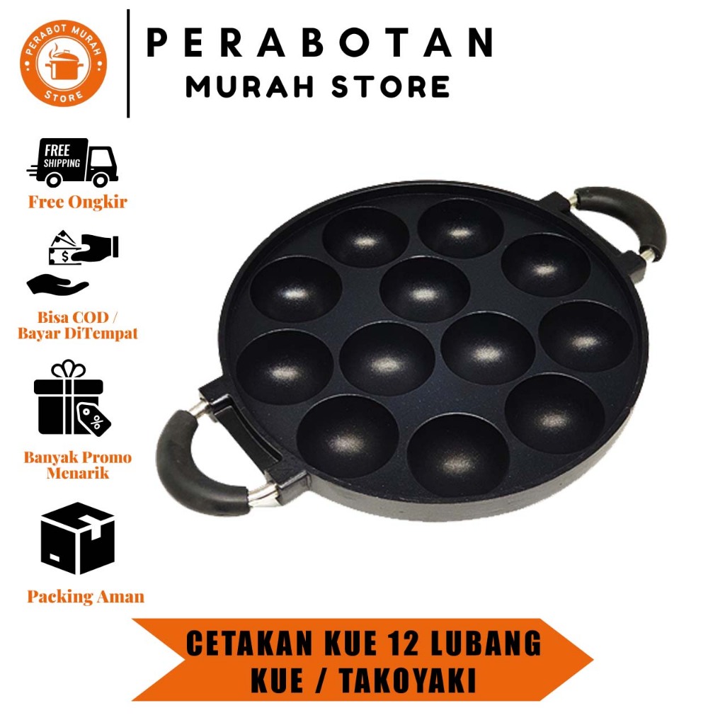PM - Cetakan Takoyaki Dorayaki 12 Lubang Cekung  + Tutup Kaca Anti Lengket / Cetakan Martabak Mini B