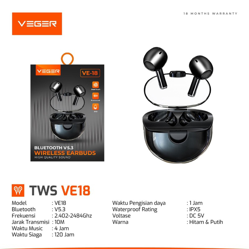 Headset/Earphone TWS VEGER VE18 / TWS Wireless Earphone Bluetooth VE18 super mini V5.3 ORIGINAL GARA