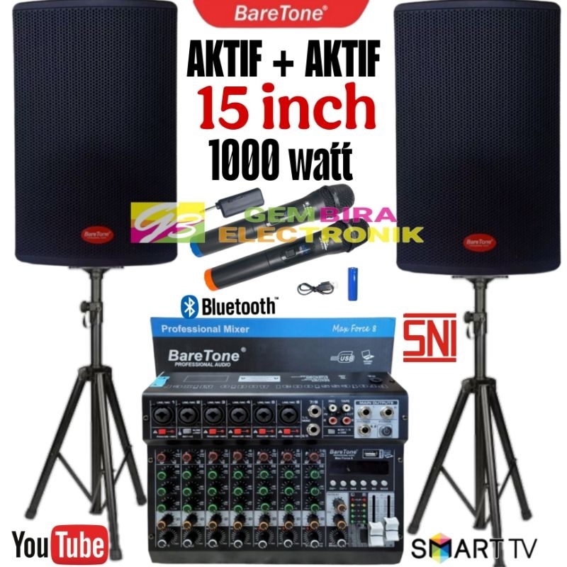 PAKET SPEAKER AKTIF BARETONE 15 INCH 1000 WATT 15 INCH MIXER 8 CHANNEL BARETONE ORIGINAL INDOOR OUTD