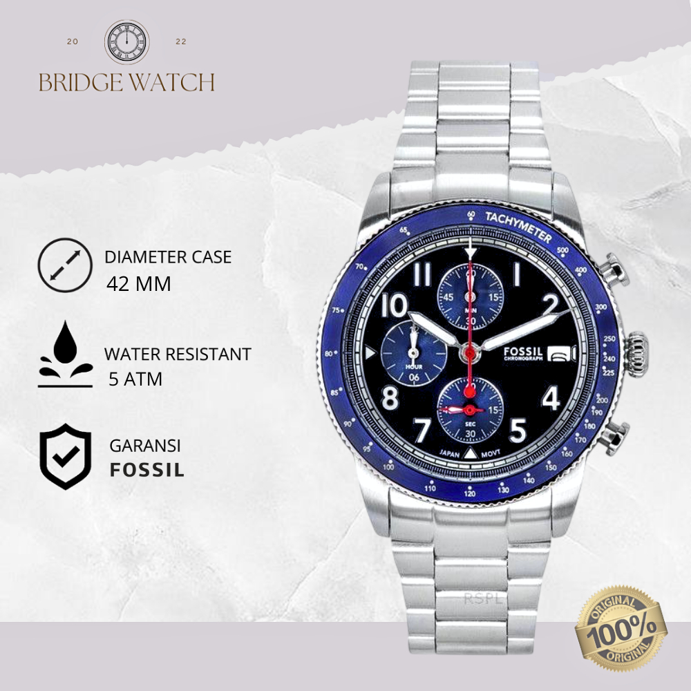Jam Tangan Pria Fossil FS6047 Sport Tourer Chronograph Silver Stainless Steel Strap Blue Dial Rantai
