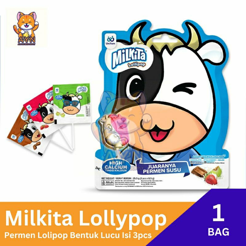 

Milkita Lolipop Susu Bentuk Karakter Lucu Rasa Assorted [ 1 bag isi 3 pcs ]