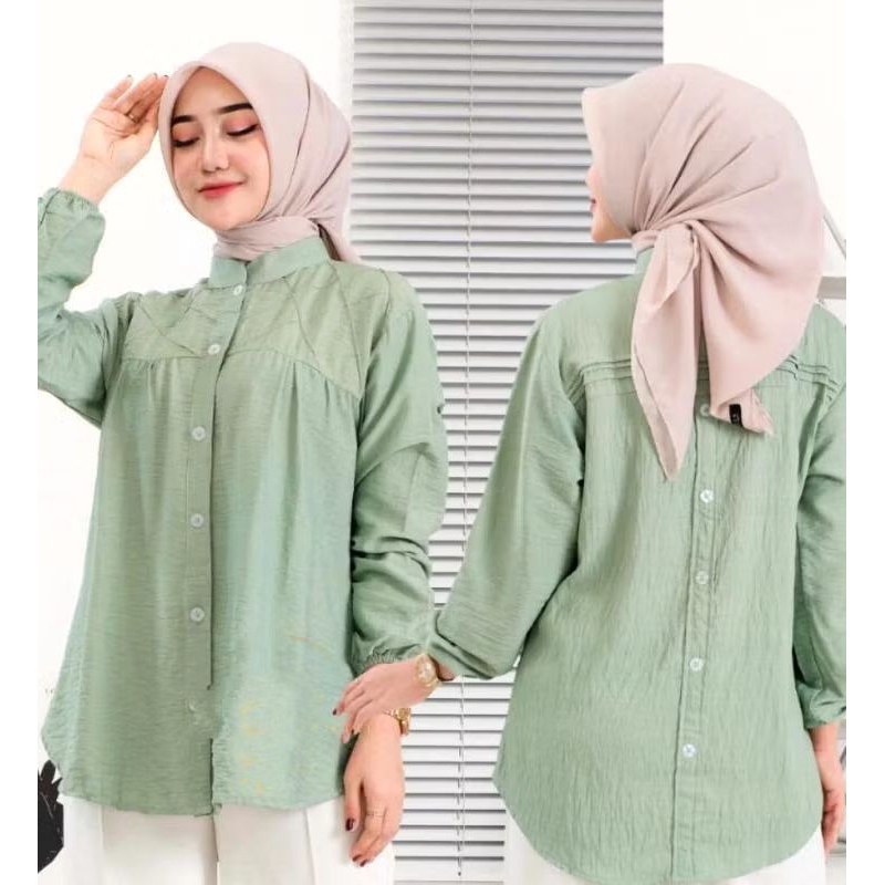 New Mona Blouse kemeja rempel kancing belakang polo linen