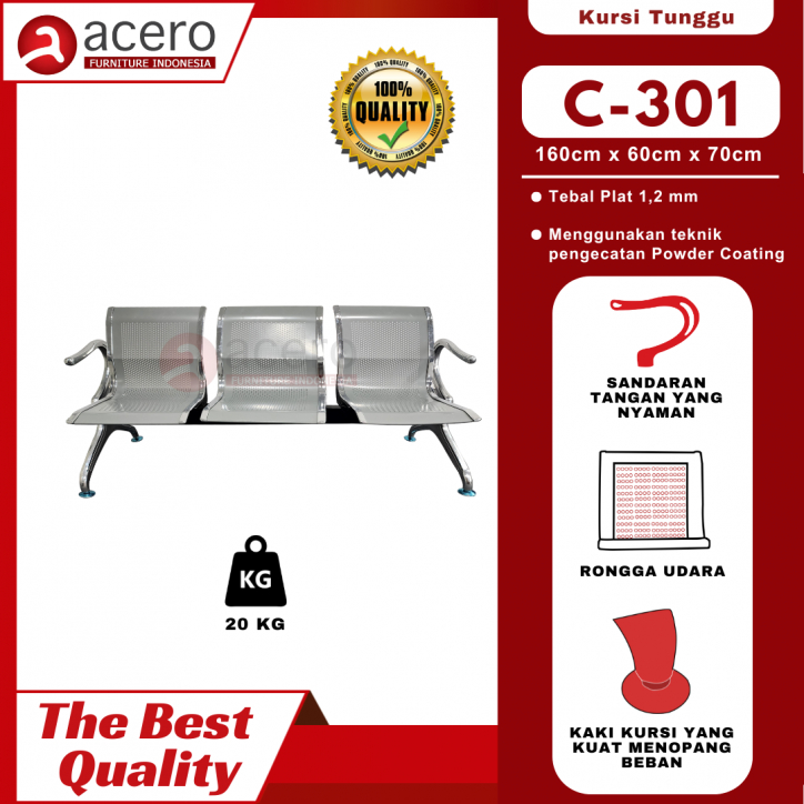 Kursi Tunggu 3 Seat/Kursi tunggu stainless/kursi tunggu besi/kursi tunggu pasien Acero C-301