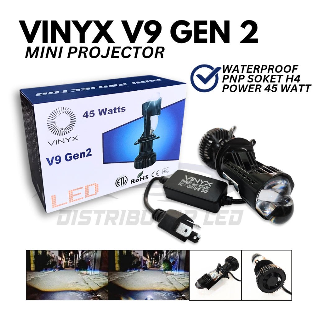 V9 Vinyx Gen 2 Mini Projector PRO VINYX LED Waterproof PNP Soket H4 Power 45 Watt VYNIX