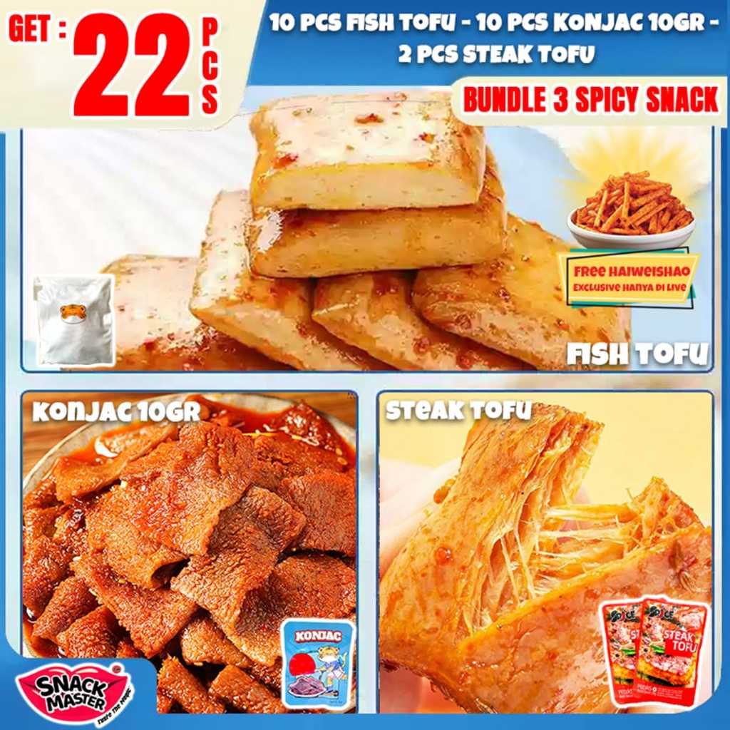 

[ BUNDLE 3 SPICY SNACK ] Camilan Snack Pedas Fish Tofu @10Pcs 8g / Konjac @10Pcs 8g / Steak Tahu @2Pcs 28g Get 22 Pcs Free Haiweishao