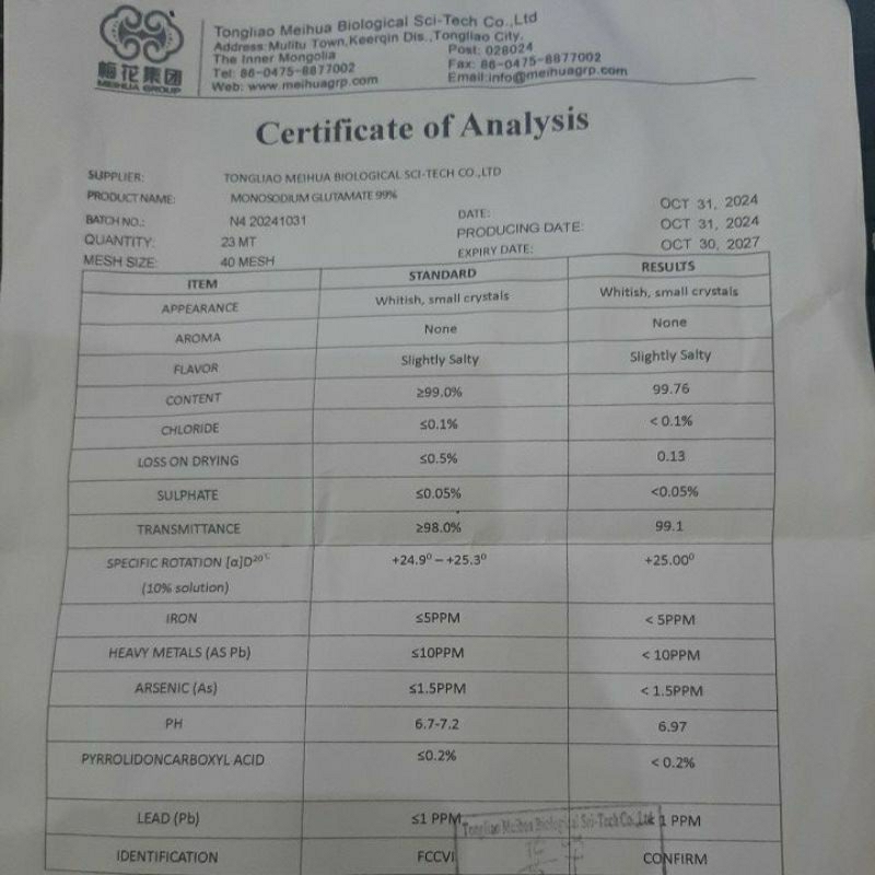 

RB22 MSG MESH 40 (Monosodium Glutamate bumbu) EX MEIHUA / Micin / Vetsin / Penyedap 25 Kg Karungan