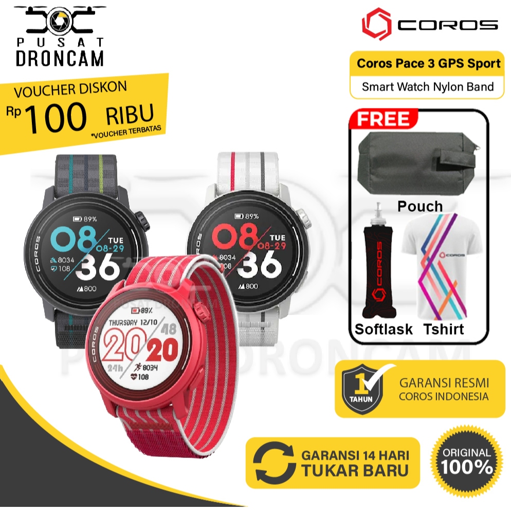 Coros Pace 3 GPS Sport Smart Watch Nylon Band Original Resmi