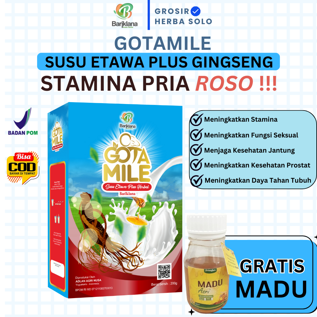 

[ BISA COD + GARANSI ] [ GRATIS JAHE ] GOTAMILE Susu Etawa Plus Madu dan Ginseng | Susu Pria ROSO - ROSO | isi 200 gr