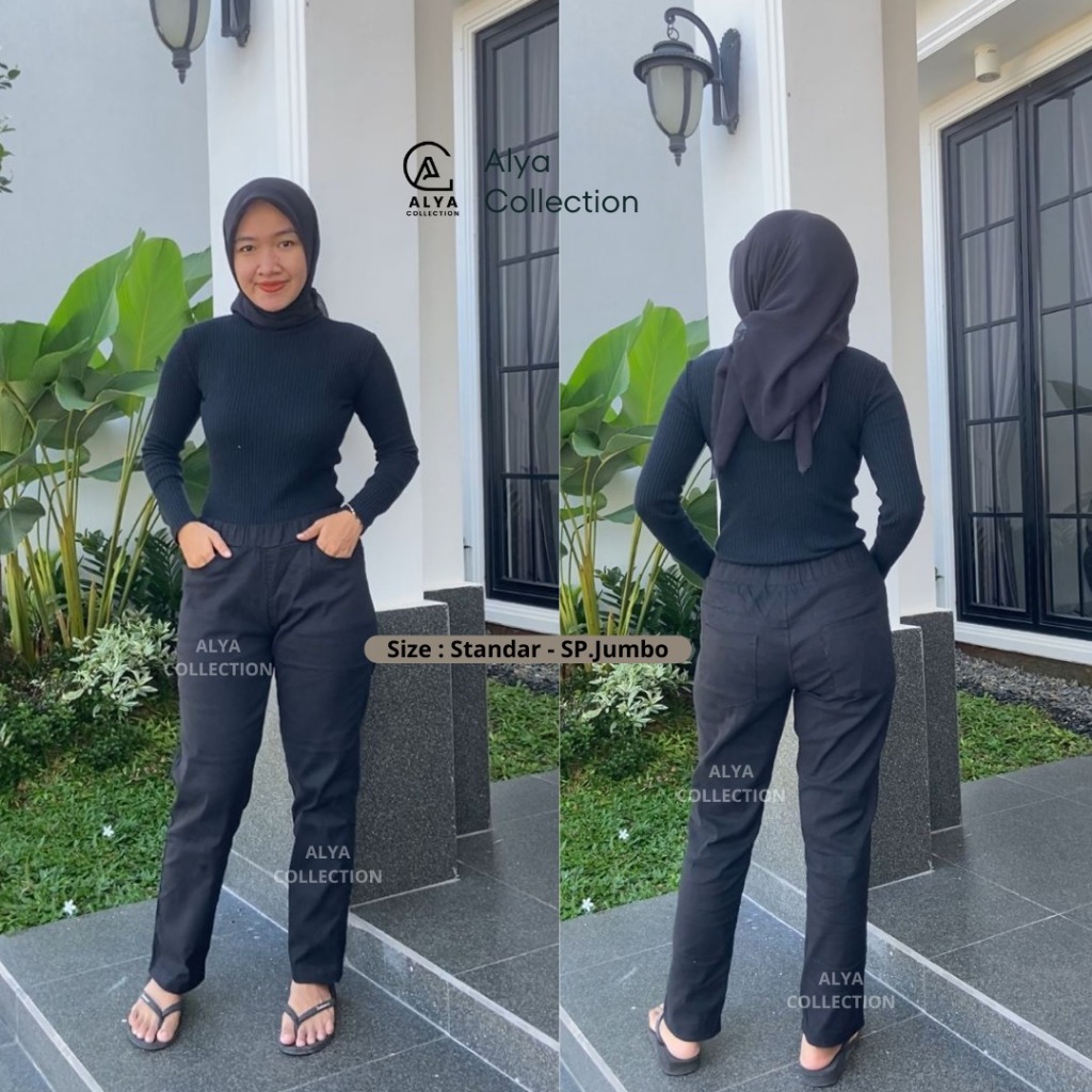Warna Hitam Celana Wanita Longpants Pinggang karet Kerja Formal Casual Katun Jumbo