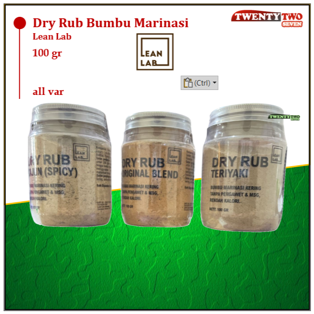 

Lean Lab Dry Rub Bumbu Marinasi Diet Rendah Kalori Low Sugar Lemak Protein Rub 100 gr