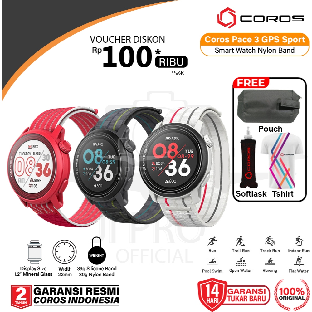 Coros Pace 3 GPS Sport Smart Watch Nylon Band Garansi Resmi