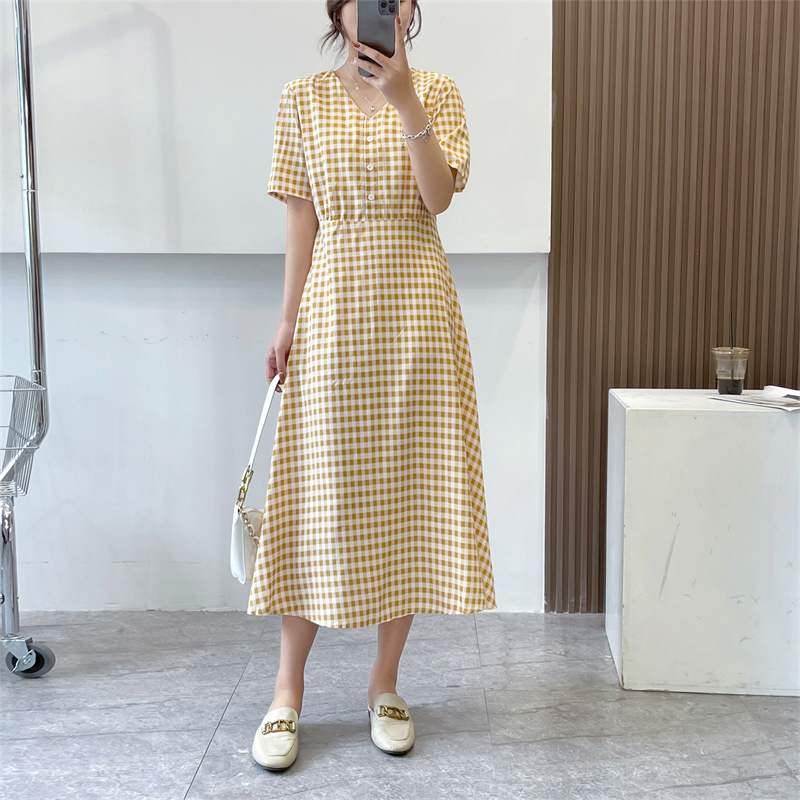 DEARMODIS 89 dress gaun warna kuning kotak kotak kerah leher v cantik pastel retro Korea rok A-line