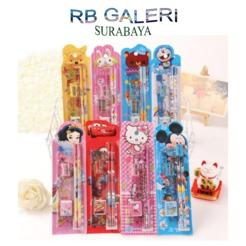 

Pensil Anak 5 in 1 Set Alat Tulis Karakter Penghapus Pensil Penggaris Orotan Buku Sekolah Stationery