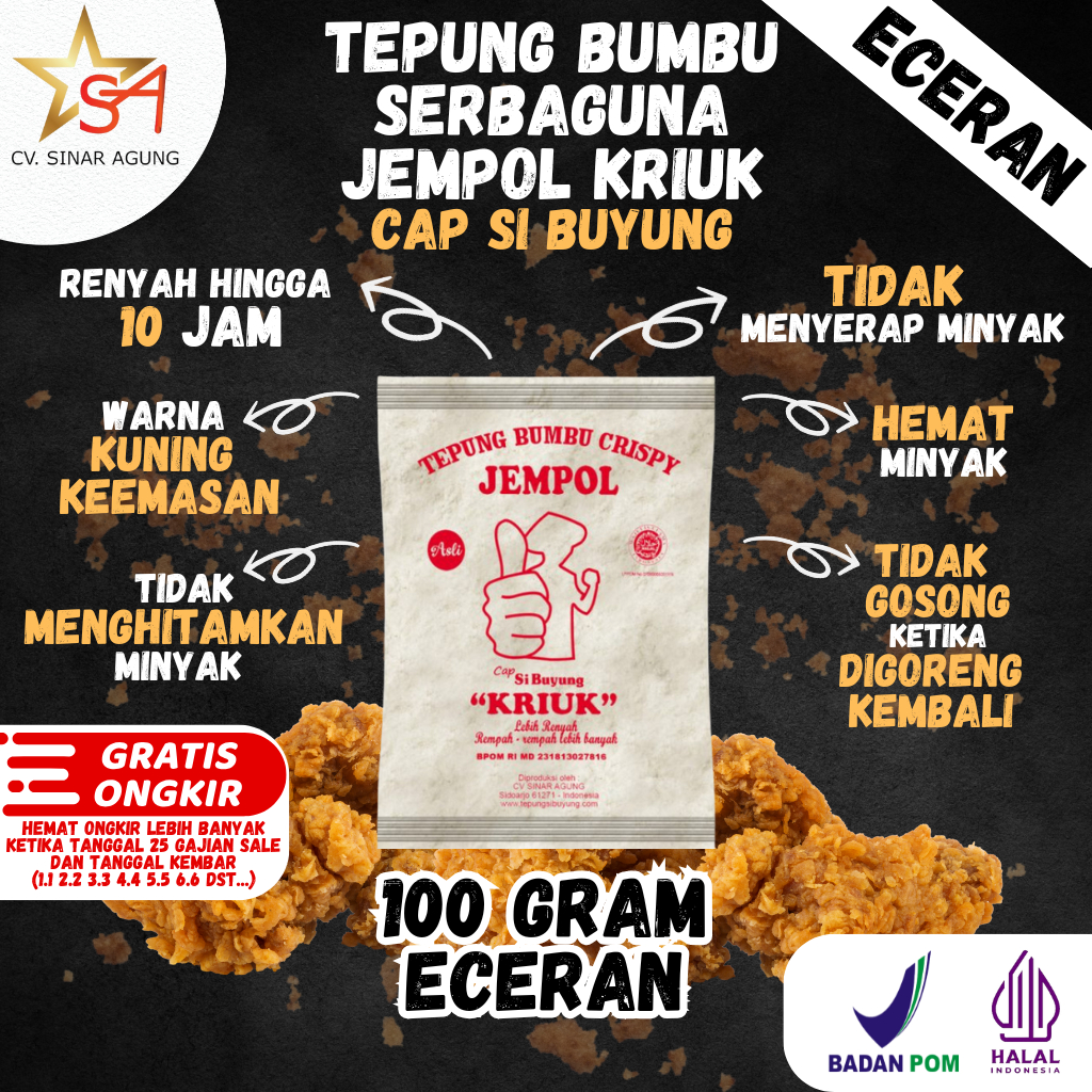 

[ECER 100 G] (PEMBELIAN 10 PCS FREE BONUS) Tepung Bumbu Crispy Cap Jempol Si Buyung Kemasan 100 Gram