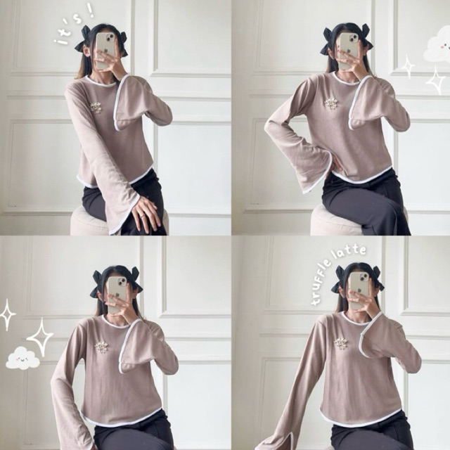 LADY SWEET TOP - Atasan Baju Wanita Korean Style / Atasan Snowrib List Hyget Lengan Terompet