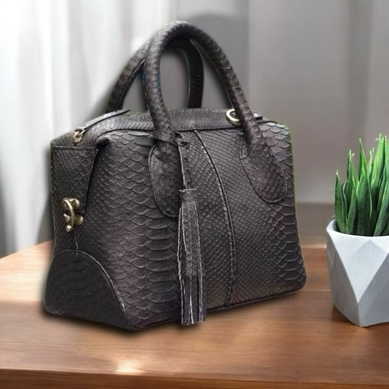 Tas Kulit Ular Piton Asli Wanita Tas Natalie Kulit Asli Original Motif Full Hitam Natural