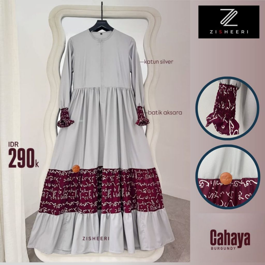 ZISHEERI CAHAYA BURGUNDY DRESS GAMIS CANTIK BAHAN TOYOBO MOTIF BATIK AKSARA ANGGUN