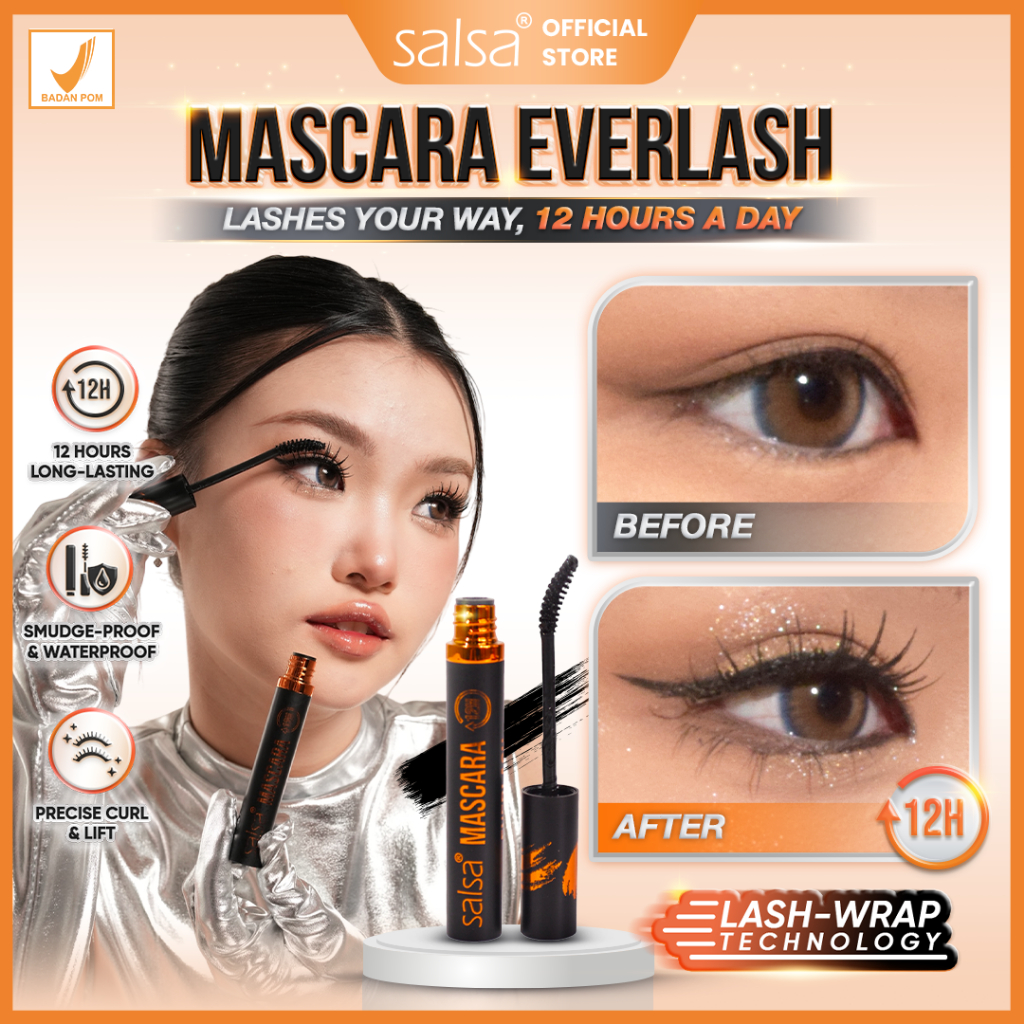 SALSA Everlash Mascara 12H Long-lasting Mascara – Pelentik Bulu Mata | Penebal Bulu Mata | Mascara Waterproof Tahan Lama | Melentikkan dan Memanjangkan Bulu Mata  | Maskara | Waterproof | Awet