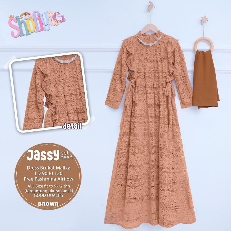 Jassy pakaian gamis dress set hijab anak remaja ld 90 broklat malika airflow nyaman terbaru lebaran 