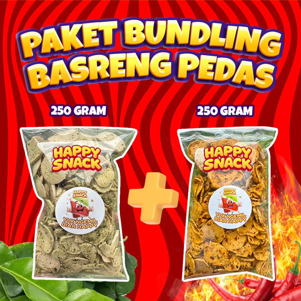 

Paket Bundling basreng Chili Oil + Daun jeruk Happy Snack 250gram cemilan keripik koin manis asin gurih renyah