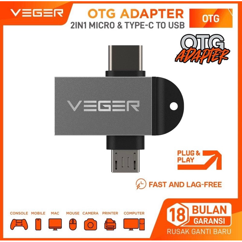 VEGER OTG Adapter 2 IN 1 Type C & Micro USB to USB 3.0 Lanyard Design Original