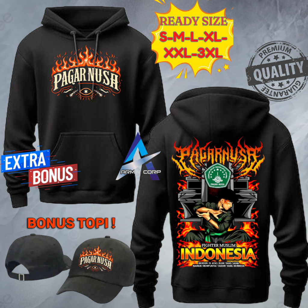 HOODIE JUMP PRIA BELADIRI PAGAR NUSA FIGHTER MUSLIM INDONESIA KATA KATA KEREN BAHAN ADEM BONUS TOPI