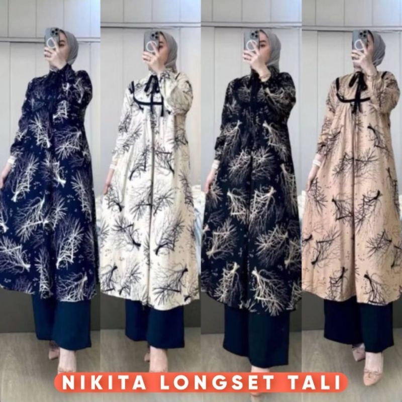 Nikita Longset Tali / Gamis Motif Bunga / long dress wanita / baju terbaru wanita / baju wanita / lo