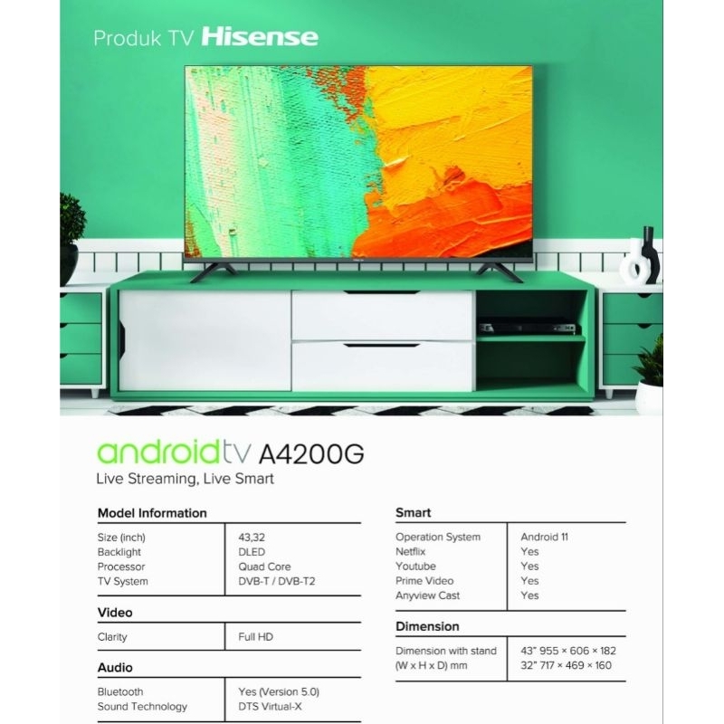 TV LED HISENSE 43 INCH / SMART ANDROID TV HISENSE 43 INCH 43A4200G