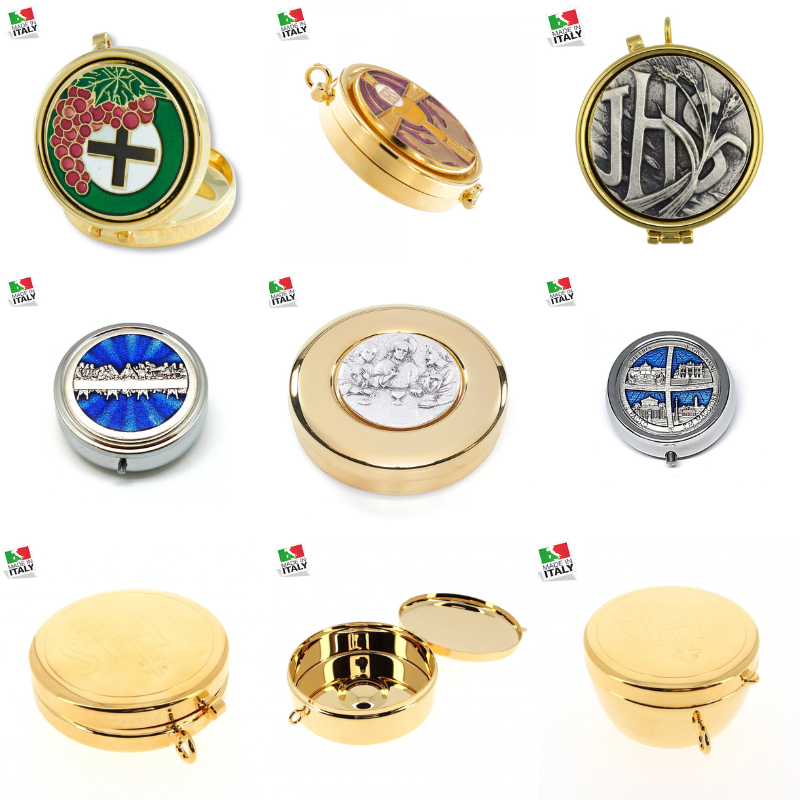 Aneka Piksis Wadah Tempat Hosti Alta Peltro Classic Lapisan Emas Baja Kecil Besar Made in Italy