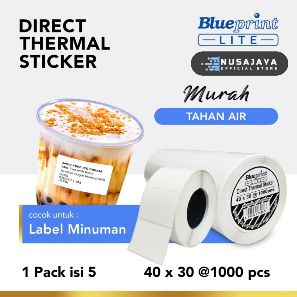 

Direct Thermal Stiker 40 x 30 BLUEPRINT Lite 40x30 mm 1 Roll isi 1000