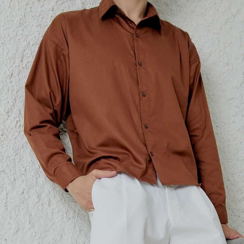 GRAYE HOMME Kemeja Crop Boxy Oversize Panjang Pria 100% Katun Warna Putih Style Korea Kekinian Stree