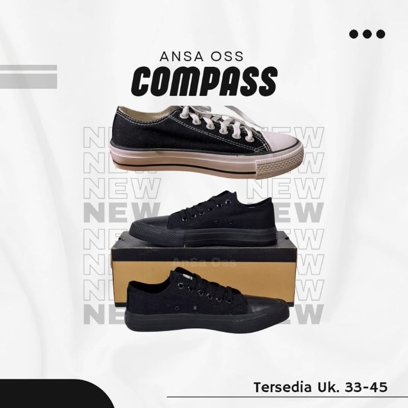 [TOKO ANDA] Sepatu Compass Pendek- Hitam Hitam/Hitam putih - Sepatu Sekolah / Casual