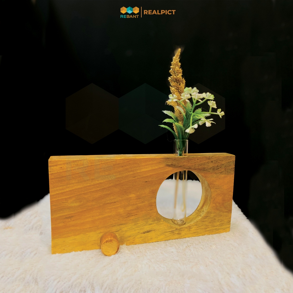 REBANT (PAKET LENGKAP) Vas Bunga Meja Kayu Persegi Vas Bunga Gelas Kaca Hidup Air FREE BUNGA DAN GEL