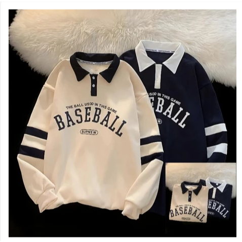 Sweater Berkerah Big Size ( S - 6XL ) BASEBALL Crewneck Kerah Polo Collar Mix Two Tone Jaket Pria Wa