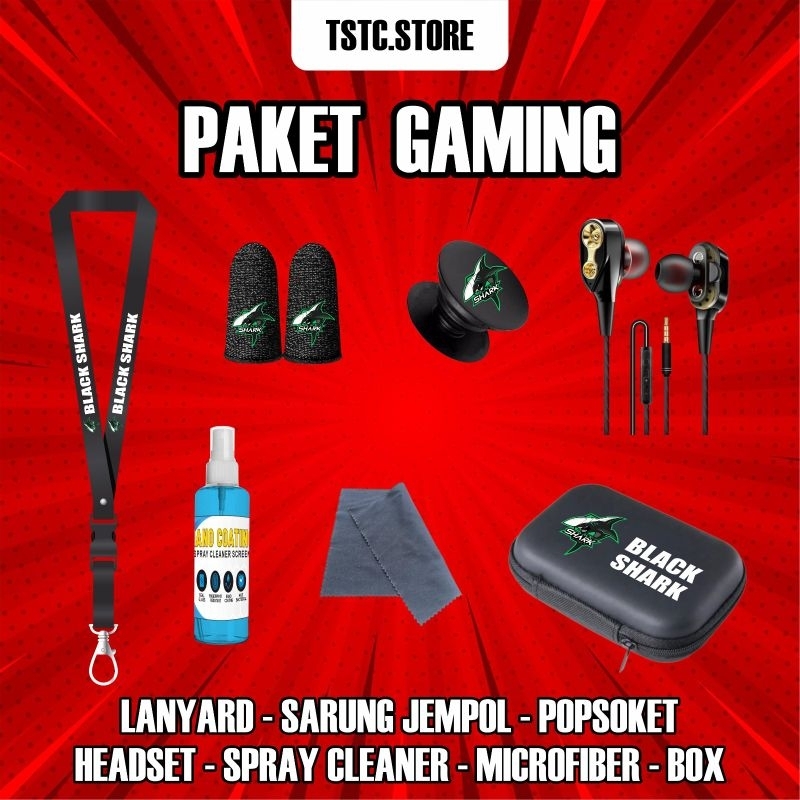 PAKET COMBO 7in BLACK SHARK SARUNG JEMPOL GAMING ANTI KERINGAT EKSLUSIF LAYARD BOX POUCT HEADSET POP