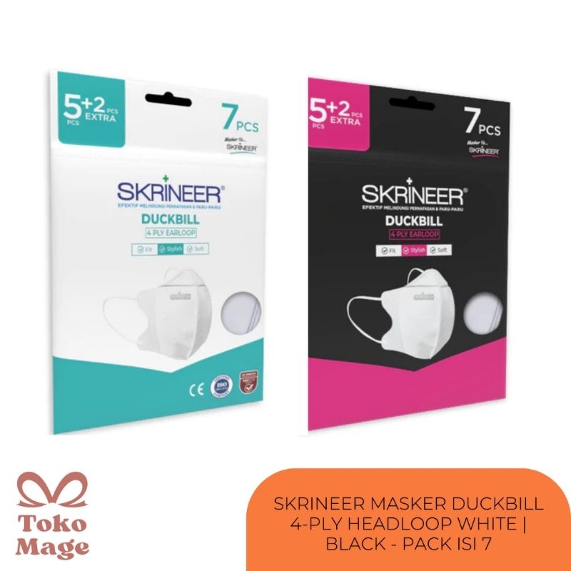 Masker Skrineer Duckbill 4-Ply Headloop Black and White - Pack Isi 7 | non hijab | Hitam dan Putih