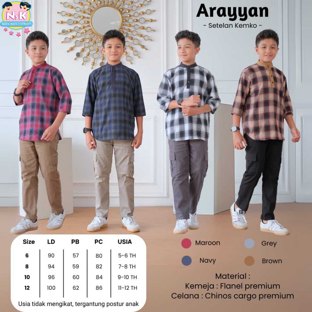 Shopakids Arrayan Set Kemko Baju Lebaran Anak Laki-laki 2025 Setelan Kemeja Koko Flanel & Celana Ter