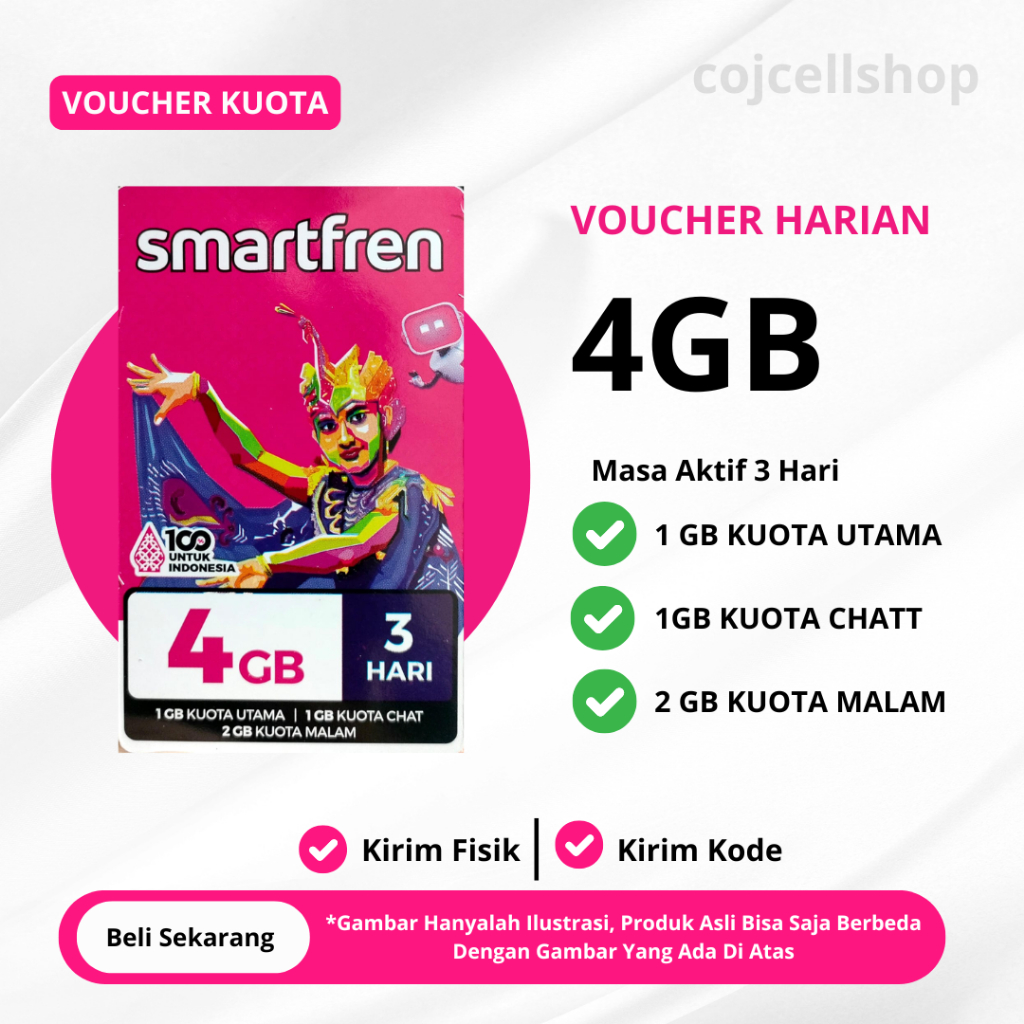 Voucher Data Smartfren 4 GB 3 Hari Kirim Fisik / Kirim Kode Voucher Via Chat