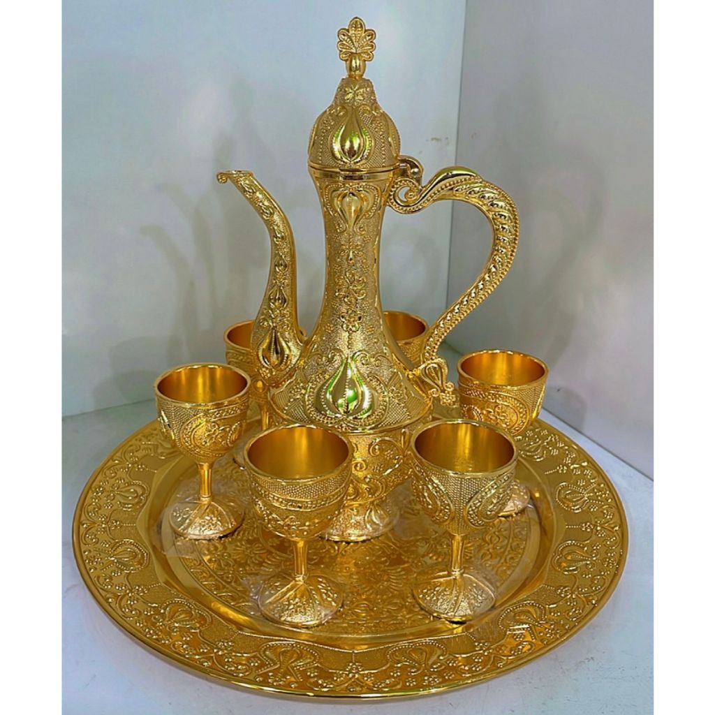 Teko Arab Aladin Set 6 gelas dan nampan  Gold Warna Emas Ornament/set Gelas Anggur Kendi