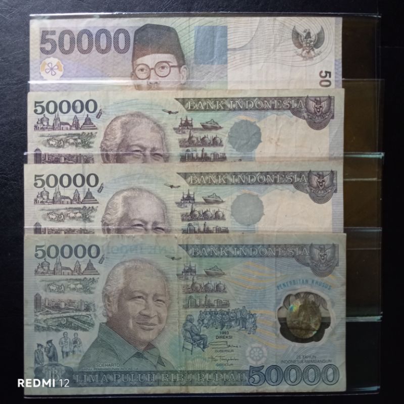 4 lembar variasi uang kertas kuno 50000 rupiah indonesia bekas asli