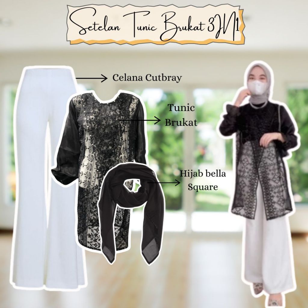 OneSet Tunik Brukat Korean Look Celana Cutbray+Tunic Brukat+Hijab Ootd Wanita Kondangan Baju Lebaran
