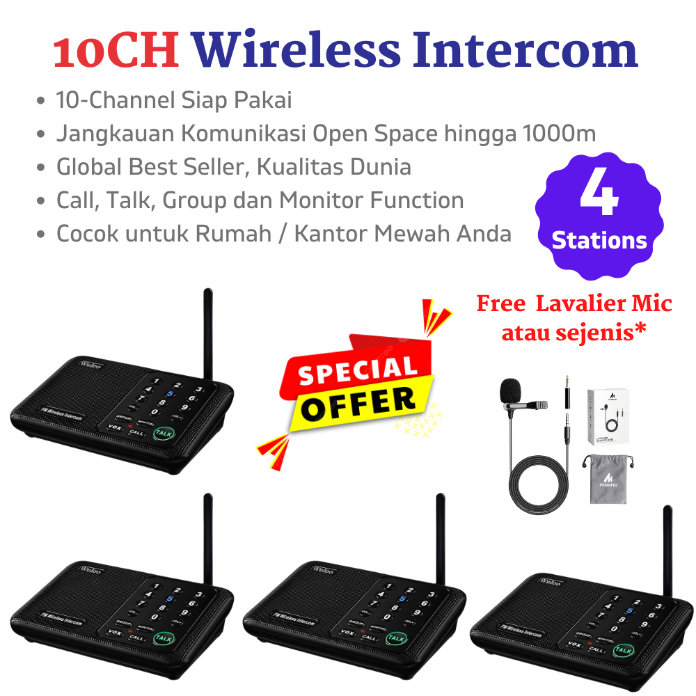 THE Modern 10CH Wireless Intercom 4 Station - Radio Interkom FM Wireless Interphone Wuloo Design