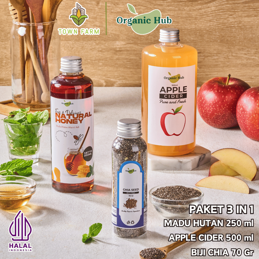 

Organic Hub Paket 3 in 1 Apple Cider With Mother Original Cuka Apel Murni Madu Hutan Murni Chia Seed