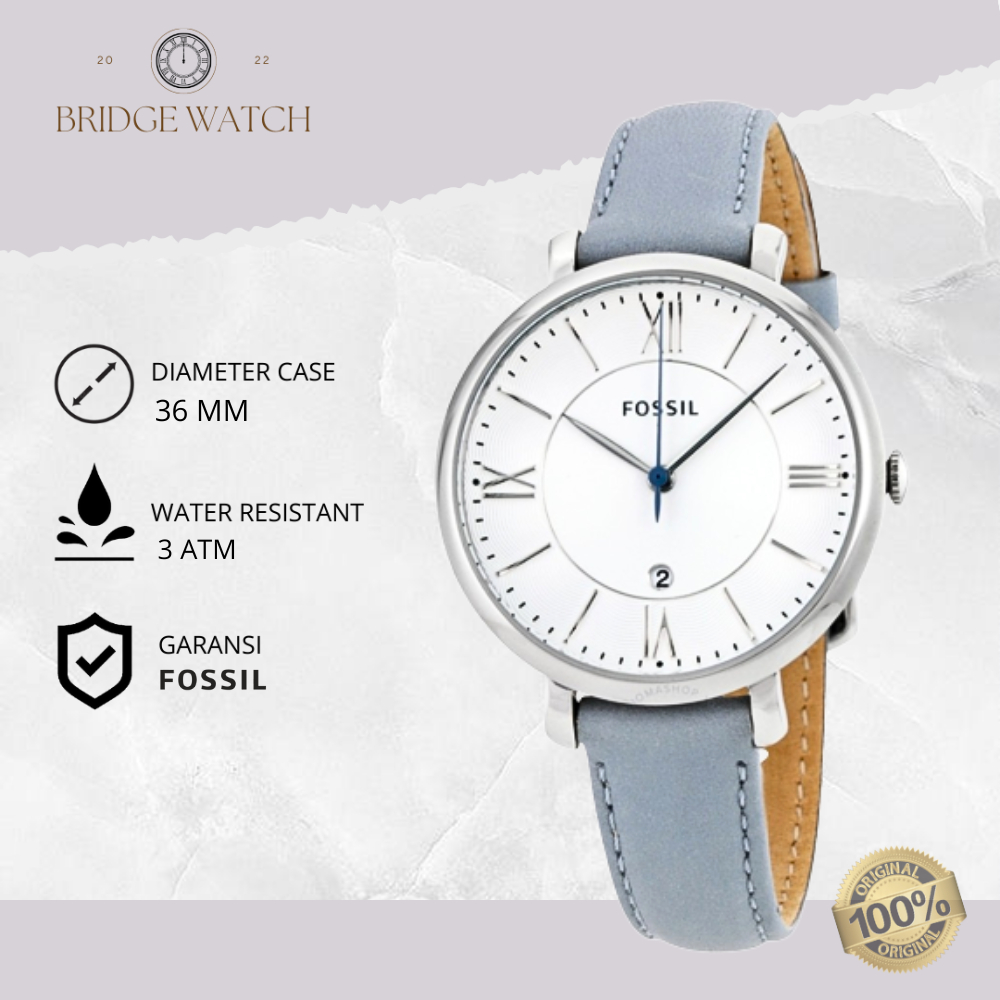 Jam Tangan Wanita Fossil Jacqueline Original ES3821 Analog Leather Strap Kulit Cewek Soft Blue Casua