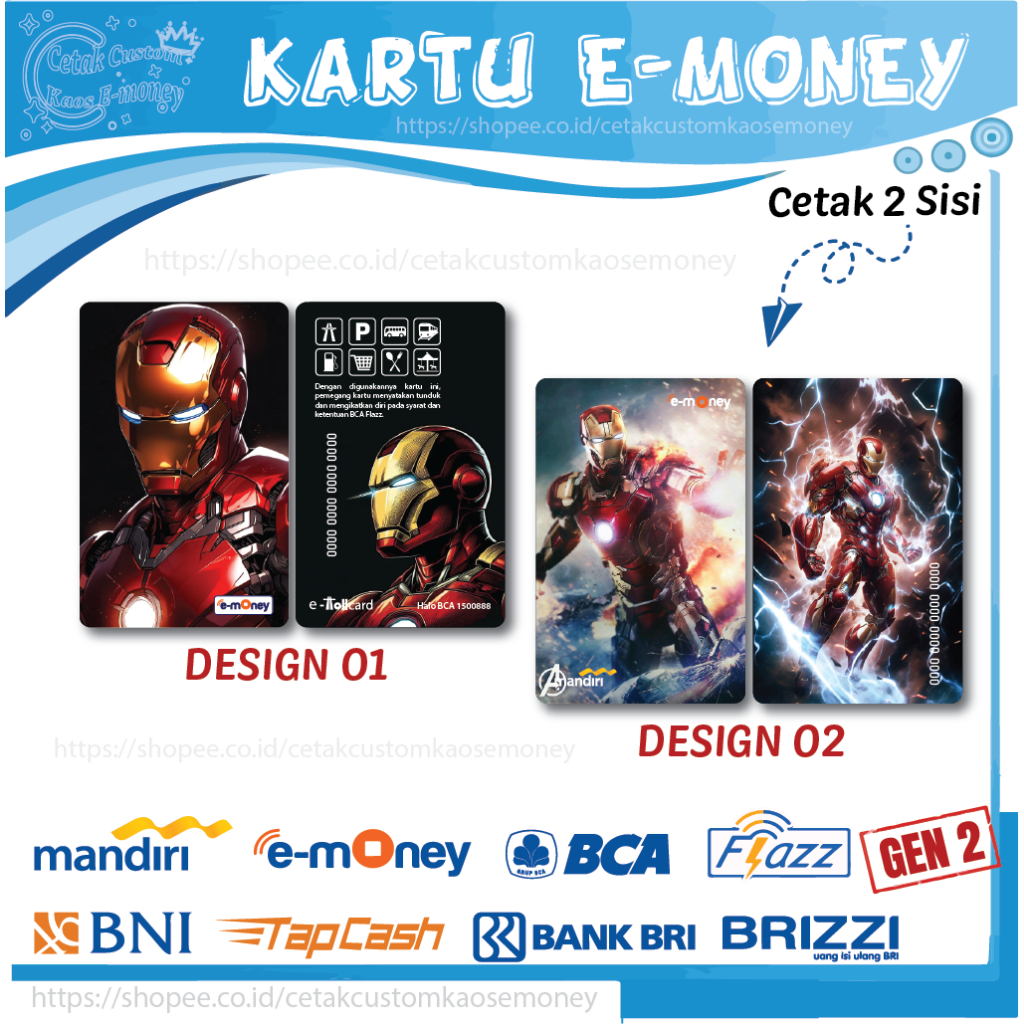 KARTU EMONEY ETOLL SUPERHERO IRON MAN SUPER MANDIRI EMONEY BNI TAPCASH BRI BRIZZI FLAZZ BCA - 2 SISI