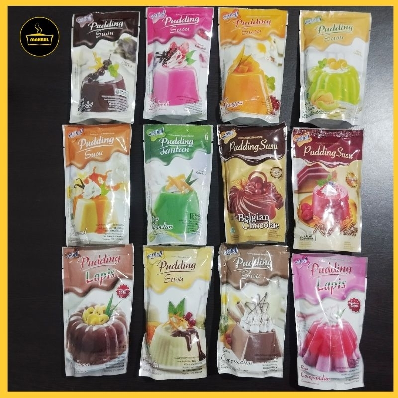 

Nutrijell Puding Coklat, Stroberi, Mangga, Vanila, Melon, Capucino, Karamel, Belgian Choco, Cocopandan, Red Velvet, Panda, Gula Jawa