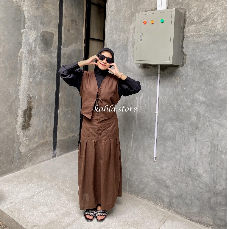 [KHL]- FREE BELT Kaizy One Set Vest & Rok Linen Bigsize Wanita